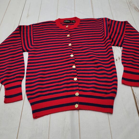 Vintage Nordstrom 100% merino wool striped red sweater cardigan bishop sleeve - Picture 1 of 7